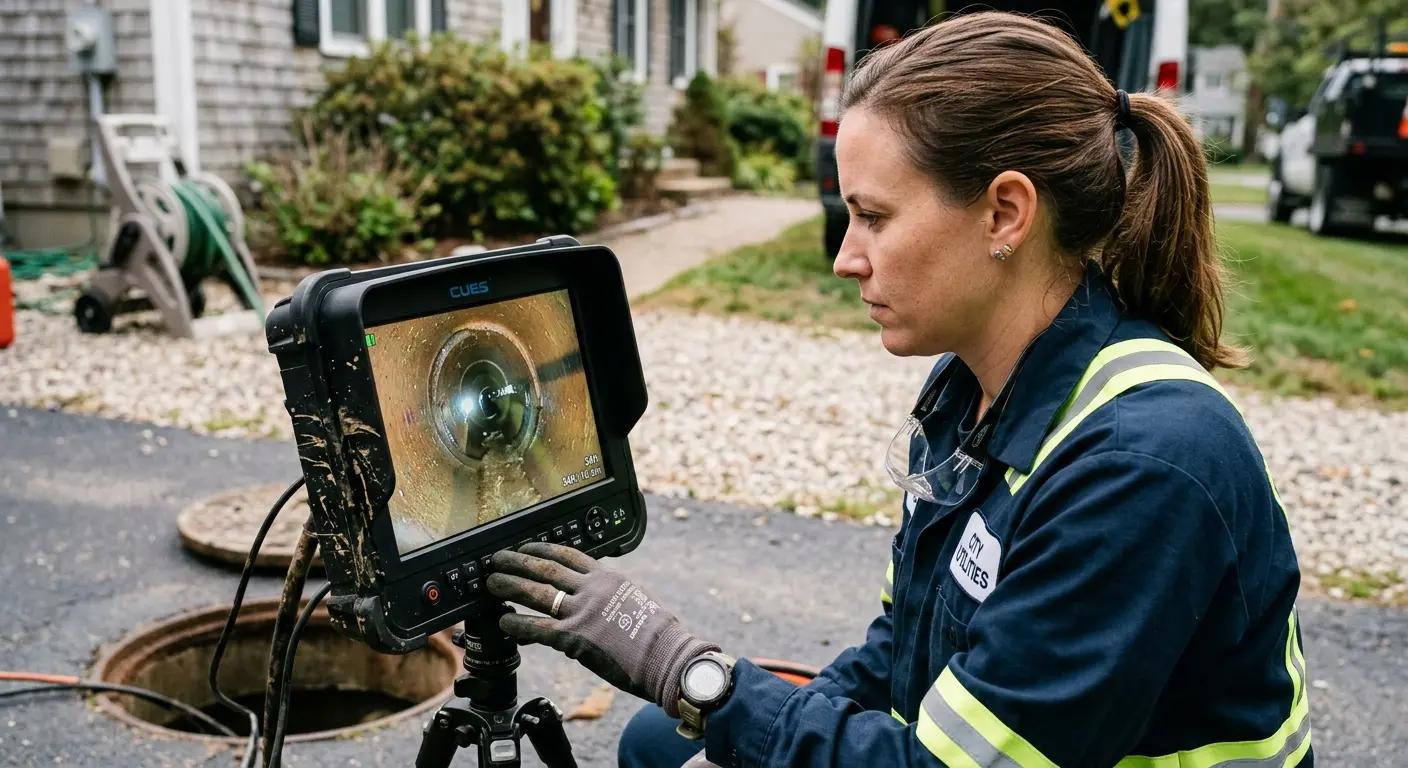 Technician reviewing sewer camera inspection footage in Bluffton