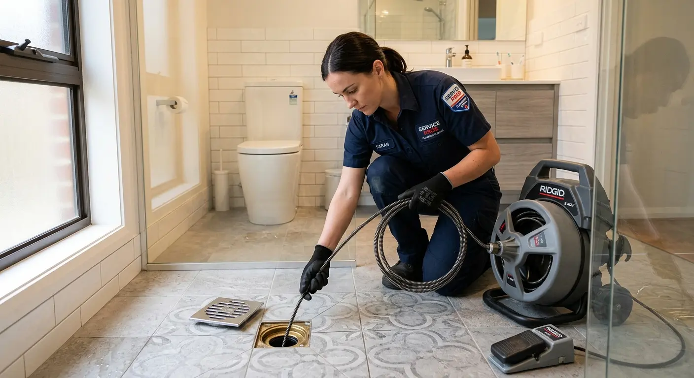 Technician clearing a bathroom floor drain for Hydro Jetting in Bluffton